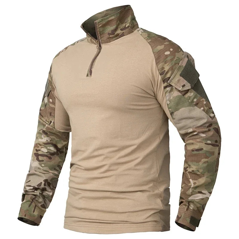 Camicie Tattiche Esterno A Maniche Lunghe Con Cerniera Quarter Zip Ripstop Cotone Resistente Camouflage Per Airsoft Uomo