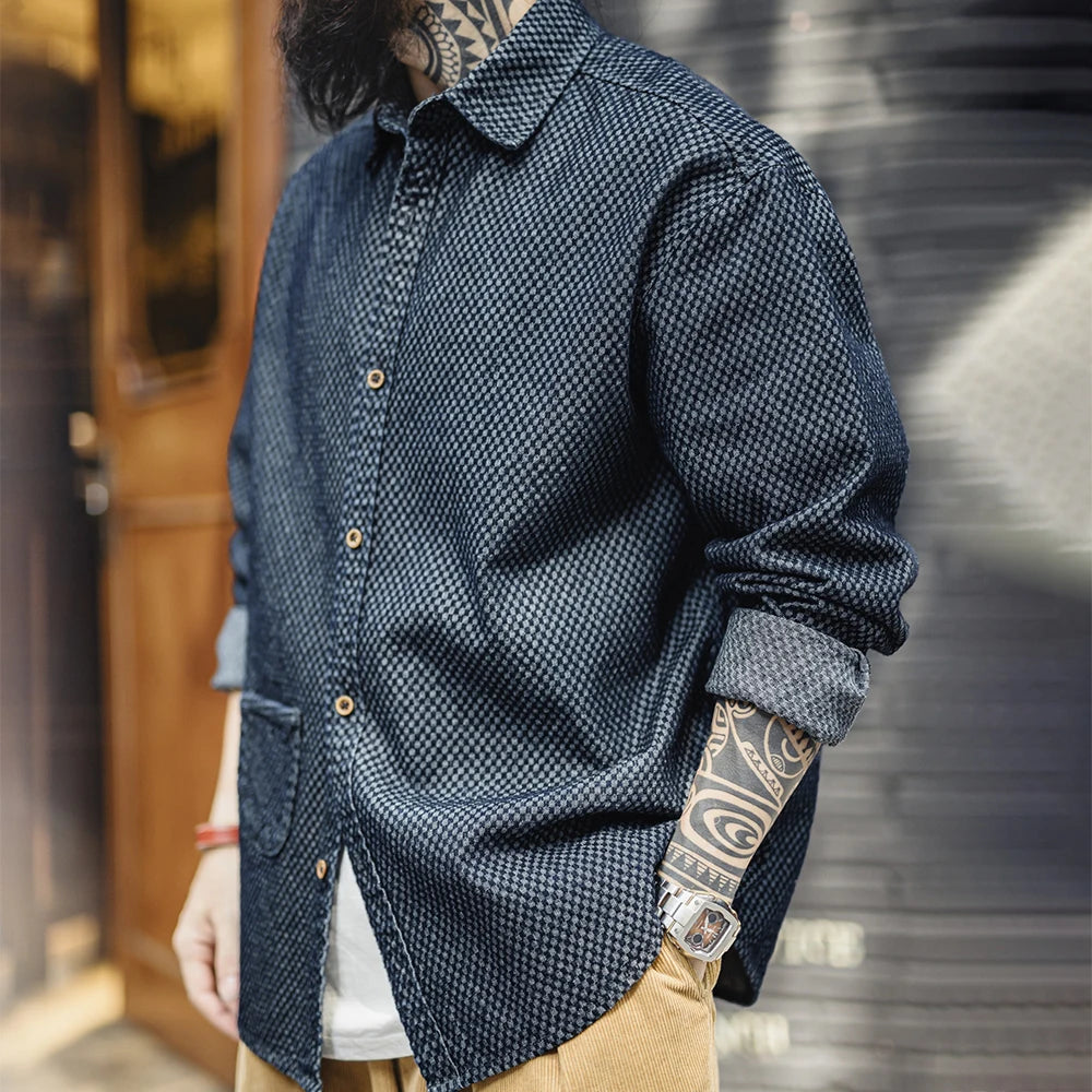 Camicia Jeans Quadri Retrò Da Uomo Con Maniche Lunghe E Giacca Monopetto Con Risvolto Ampio Versatile Primavera Autunno
