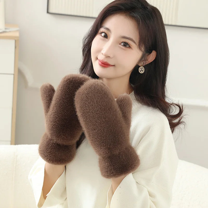 Guanti In Pelliccia Imitazione Coniglio Donna Invernali Antivento Caldi Peluche Spessi Morbidi Con Cashmere Dita Intere