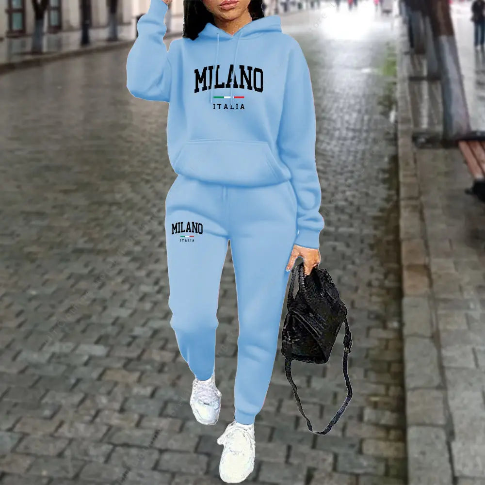 Tuta Da Donna 2 Pezzi Autunno Inverno Set Con Cappuccio Pantaloni Stampa Lettera Milano Estetica Sportiva