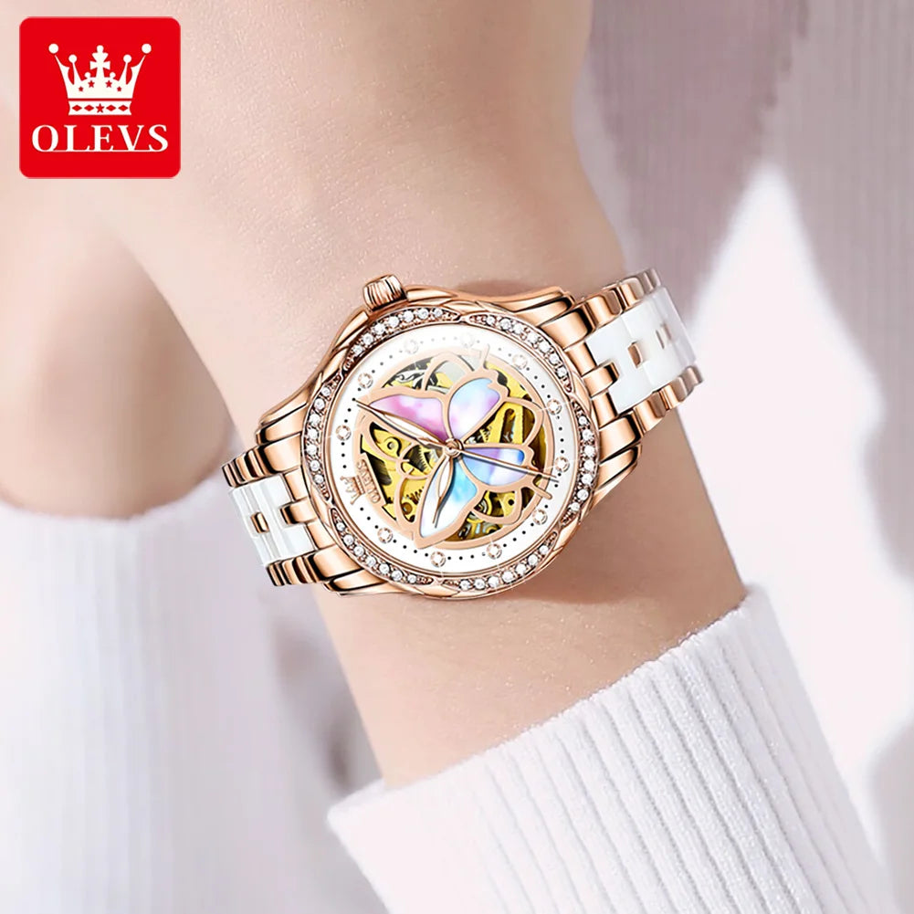 OLEVS Orologio Da Donna Meccanico Automatico In Ceramica Lunetta Originale Impermeabile Luminoso Quadrante A Farfalla