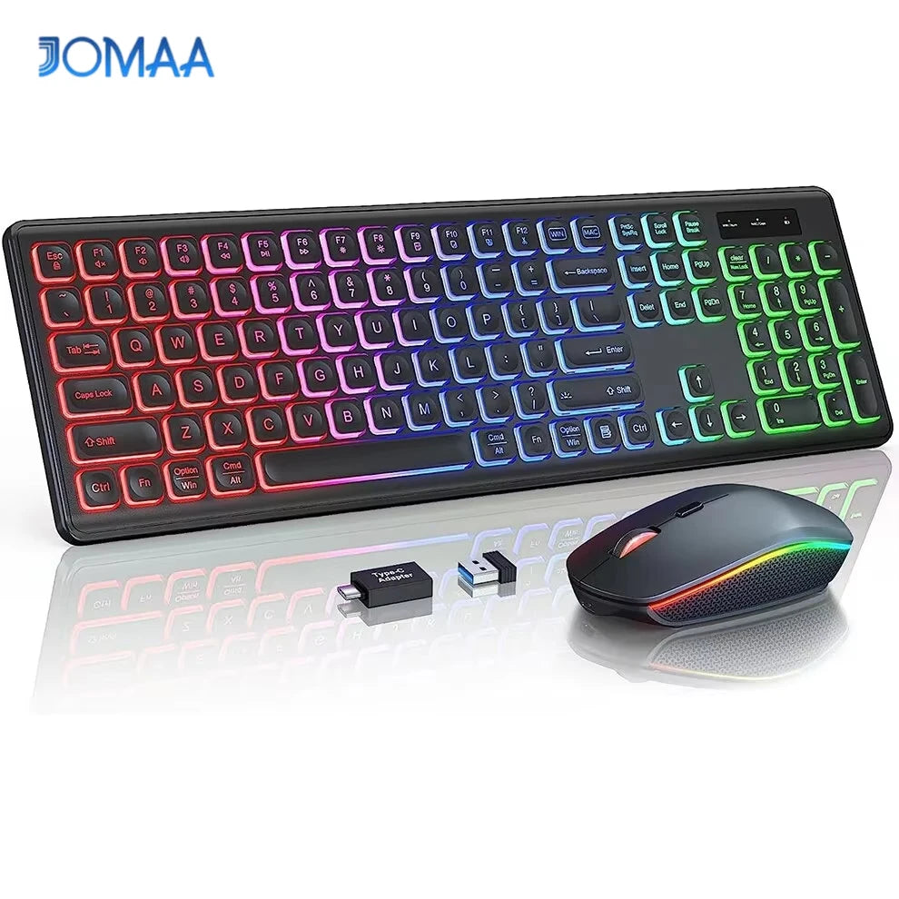 JOMAA Tastiera Wireless E Mouse 2.4G RGB Retroilluminato Ricaricabile Full Size Ergonomico Tipo C