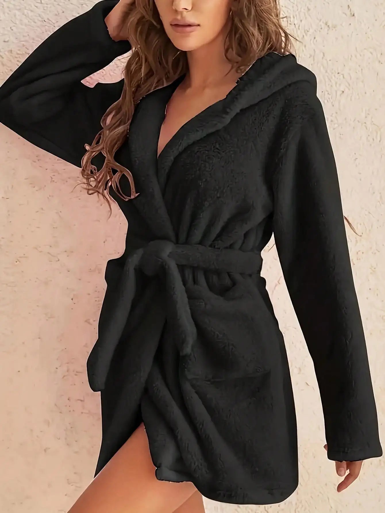 Vestaglia Da Donna Con Cappuccio Tinta Unita Con Cintura Calda E Morbida Per Casa Autunno Inverno