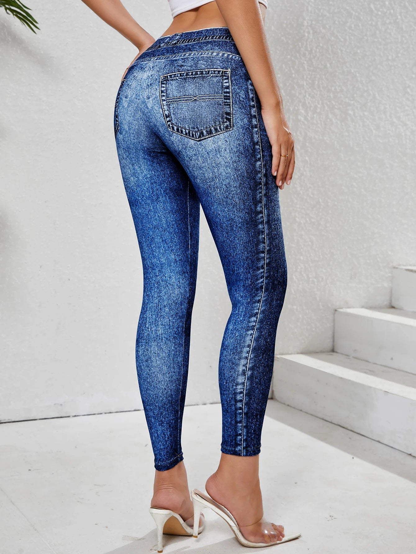 Leggings Denim Imitazione Da Donna Con Tasche Pantaloni Yoga Palestra Comfort Elasticizzati Da Indossare Ogni Giorno