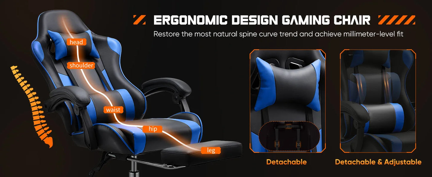 JHK Sedia Da Gioco Ergonomica Da Corsa Girevole Regolabile In Pelle PU Con Poggiatesta E Supporto Lombare Per Ufficio