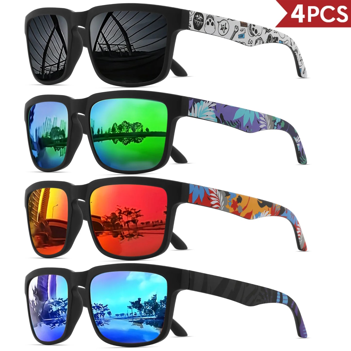 Occhiali Da Sole Sportivi Quadrati 4 Pezzi Motivo Tempio Design UV400 Per Uomini E Donne Vacanze Al Mare