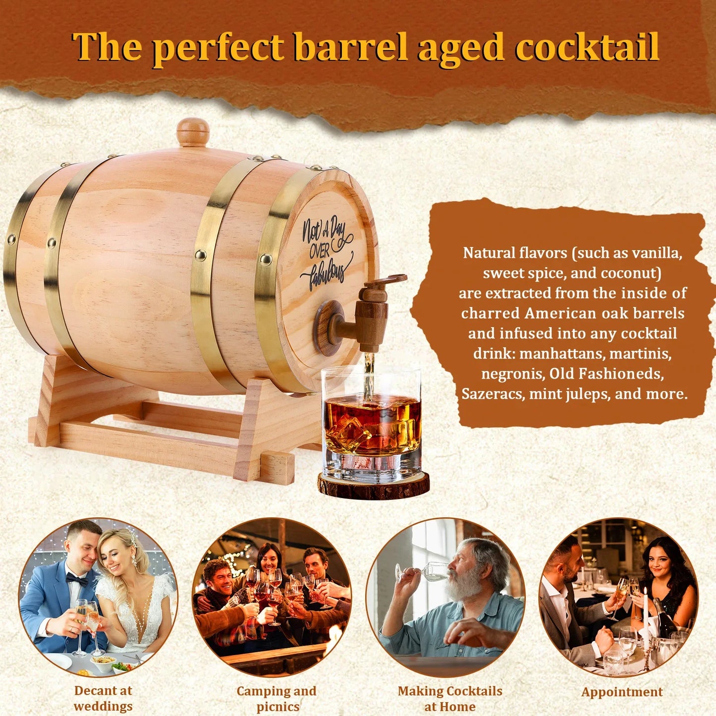 Barile In Legno Per Whisky 3L Con Tappo Rubinetto E Supporto Dispenser Per Cocktail E Appassionati