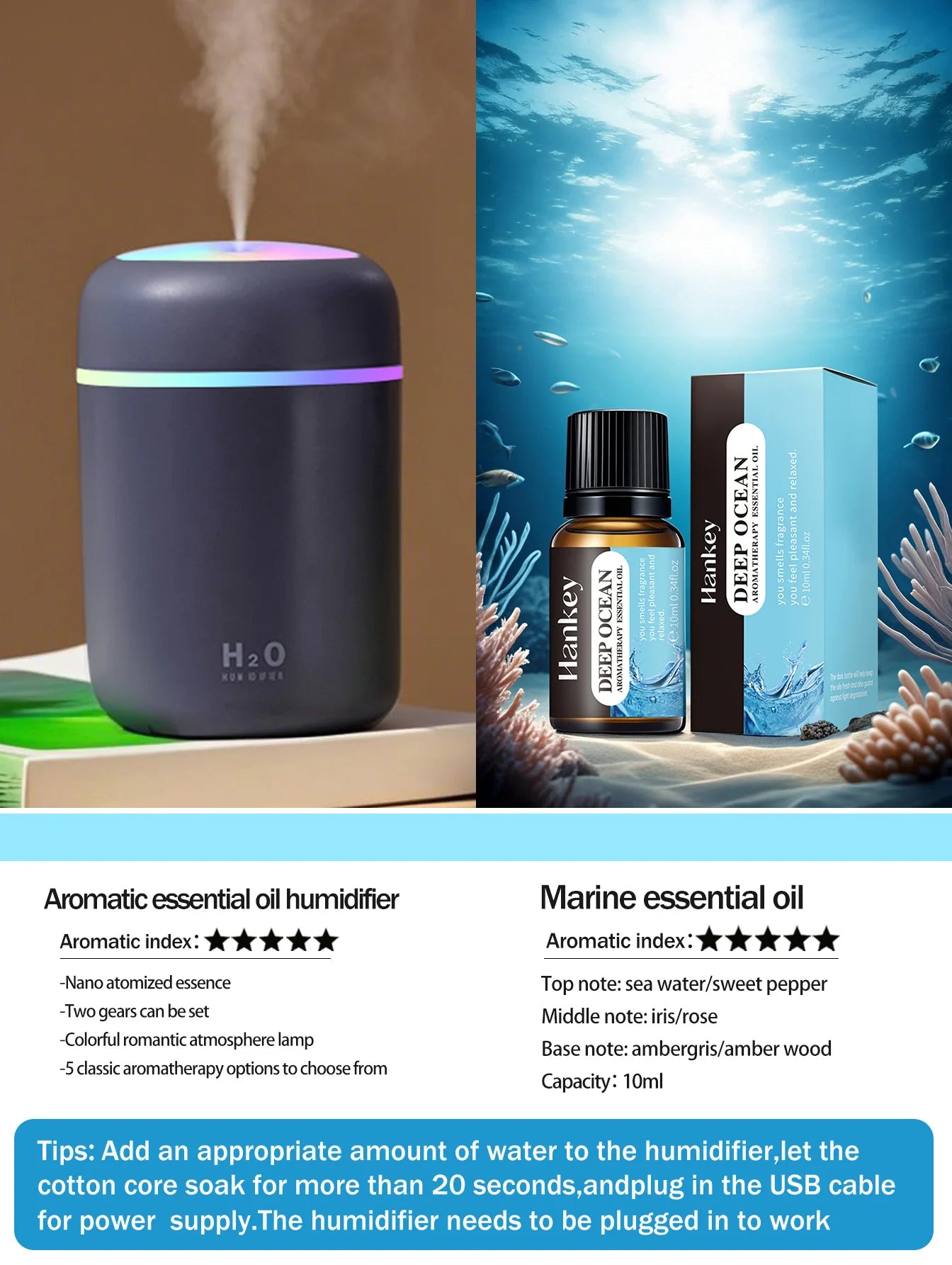 Diffusore Aromaterapia Umidificatore Purificatore D'Aria 300ml Luce a Sette Colori Olio Essenziale per Uso Domestico
