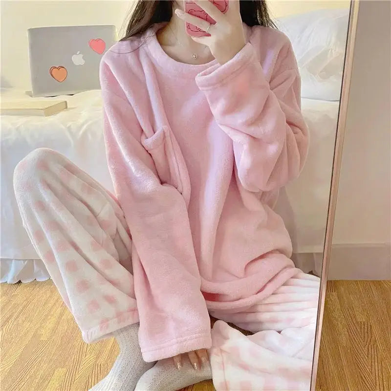Pigiama Da Donna Caldo In Pile Set Pigiama Invernale Morbido Top Solido E Pantaloni Scozzesi Per Casa