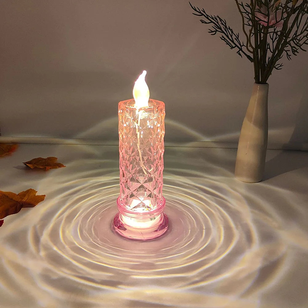 Candela LED In Acrilico Senza Fiamma Con Proiezione Rosa Notturna Romantica Per Feste Matrimonio E Decorazione Tavolo