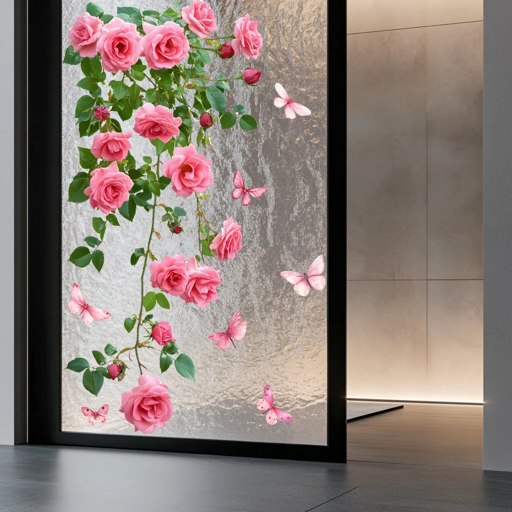 Decalcomania Per Finestra Fiore Vite Rosa E Farfalla Adesivo In PVC Per Parete Bagno Soggiorno Letto Porta In Vetro