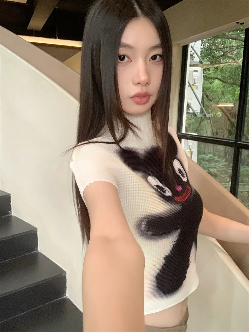Cheerart Y2K Moda Crop Top Piega Da Donne Estate Manica Corta Kawaii Cartoon T Shirt Abbigliamento