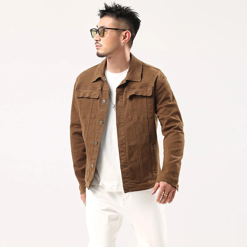 Giacca Jeans Caramello da Uomo 2025 Primavera Autunno Nuovo Stile Slim Elasticizzata Classica Moda