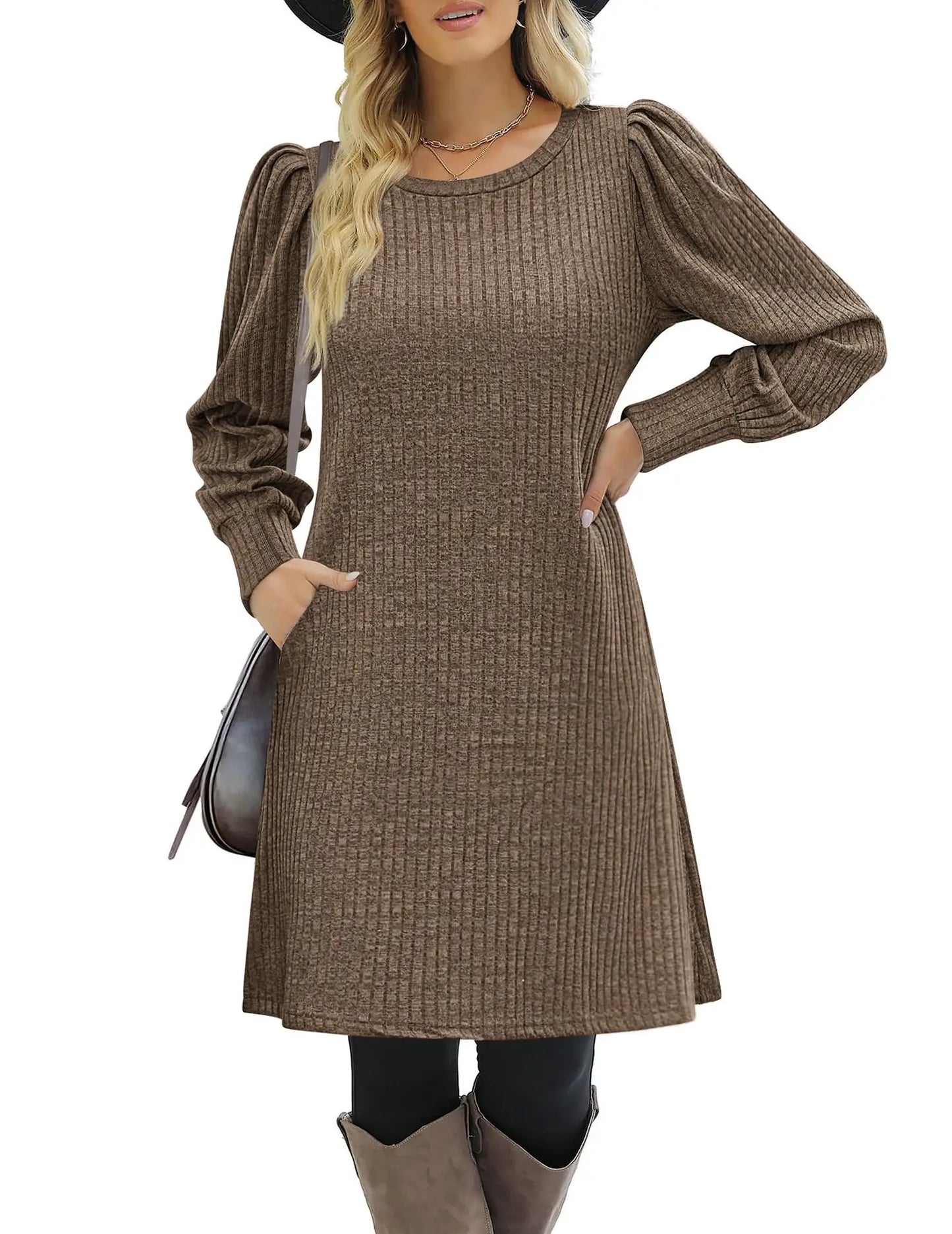 Abito da Donna in Maglia con Maniche a Palloncino e Tasche Laterali Autunno Inverno Comfort Quotidiano