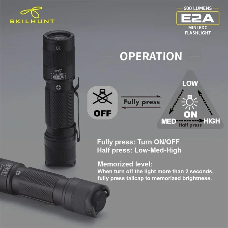 Skilhunt E2A 600 Lumen Mini Torcia LED EDC Tascabile Ricaricabile Compatibile Con Batteria 14500 O AA