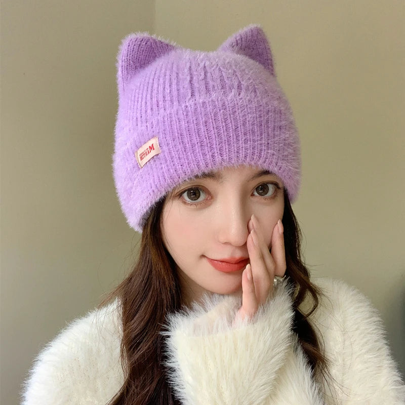 Cappello Invernale Femminile con Orecchie da Gatto Pelliccia Sintetica Lavorato a Maglia Stile Kpop Morbido Berretto