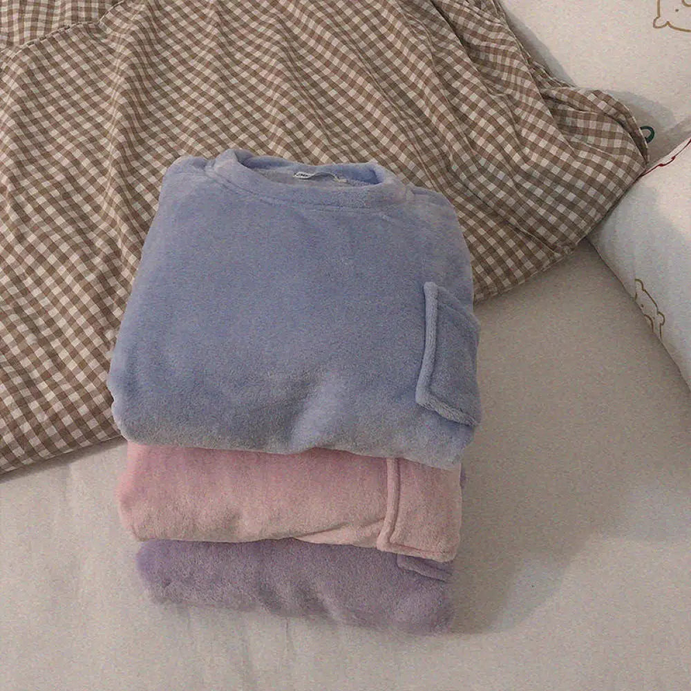 Pigiama Da Donna Caldo In Pile Set Pigiama Invernale Morbido Top Solido E Pantaloni Scozzesi Per Casa