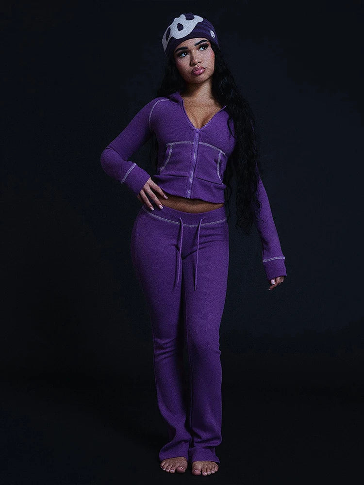 Weird Puss Tuta Donna Due Pezzi con Cappuccio Zip Tasca Giacca Pantaloni Svasati con Coulisse Casual Sportiva Slim Outfit