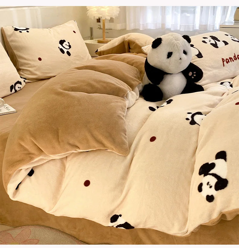 Set Biancheria Da Letto 4 Pezzi In Pile Latte Stampato Invernale Duvet Copripiumino Stile Semplice Accogliente GSM 130