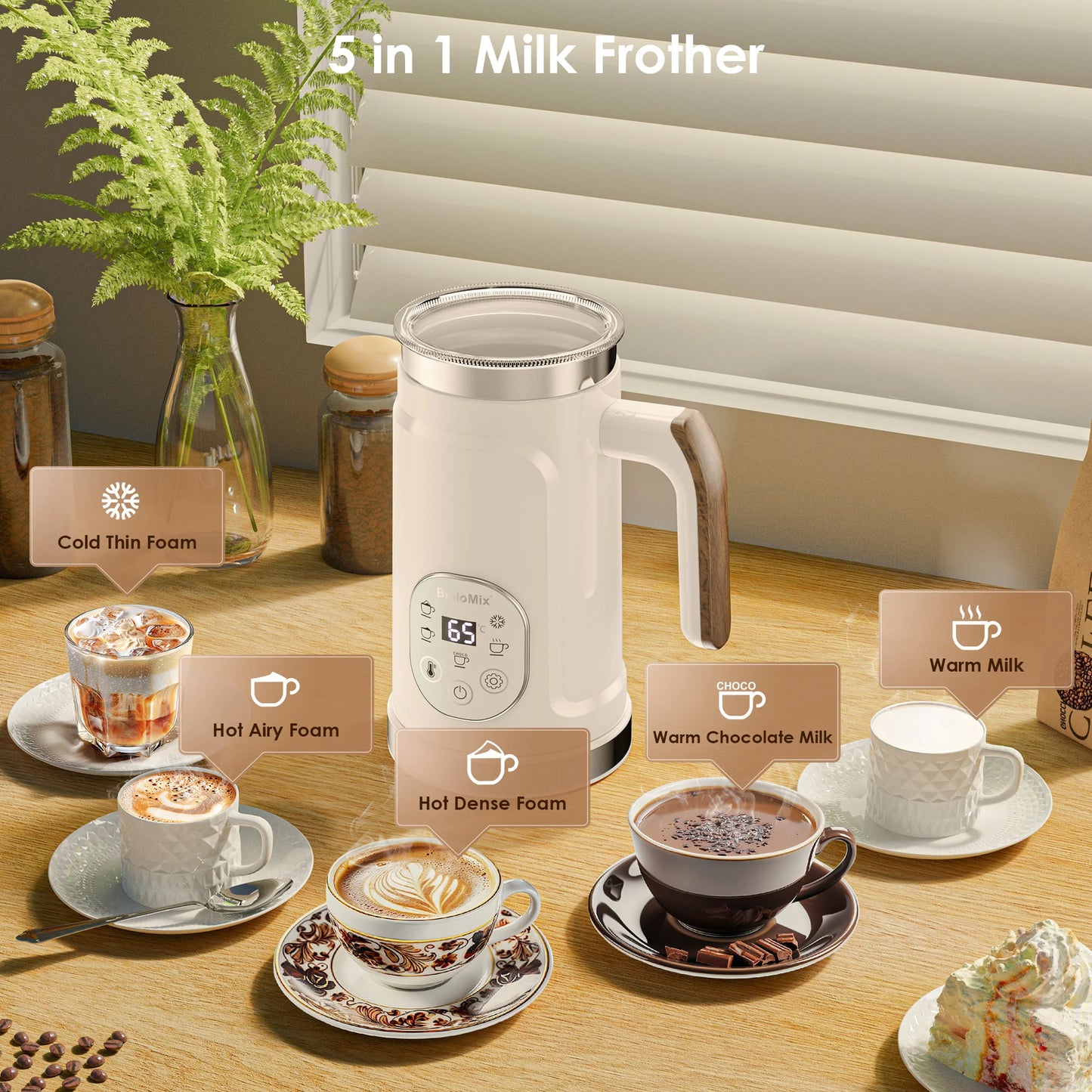 Biolomix Montalatte Intelligente 5 in 1 con Display Touch LED Schiuma Calda e Fredda per Caffè e Latte