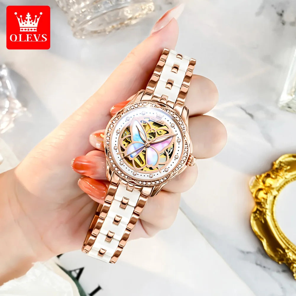 OLEVS Orologio Da Donna Meccanico Automatico In Ceramica Lunetta Originale Impermeabile Luminoso Quadrante A Farfalla