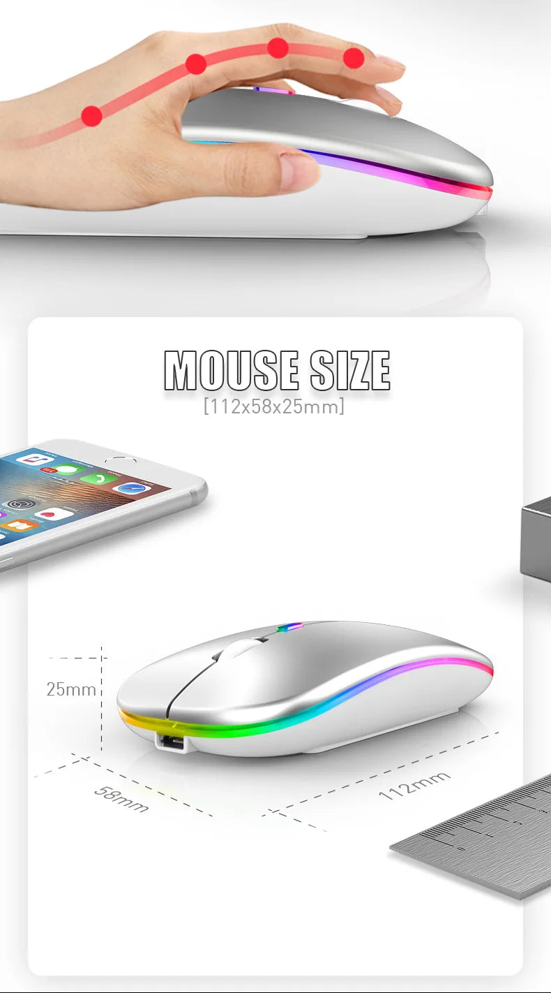 Mouse Wireless Bluetooth Ricaricabile USB RGB 1600 DPI 2,4 GHz Per PC Laptop Tablet MacBook Gaming