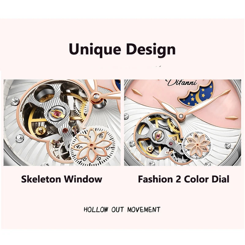 Orologio Da Donna Automatico Impermeabile Con Fasi Lunari E Fiori Girevoli Lusso Di Marca Pregiata