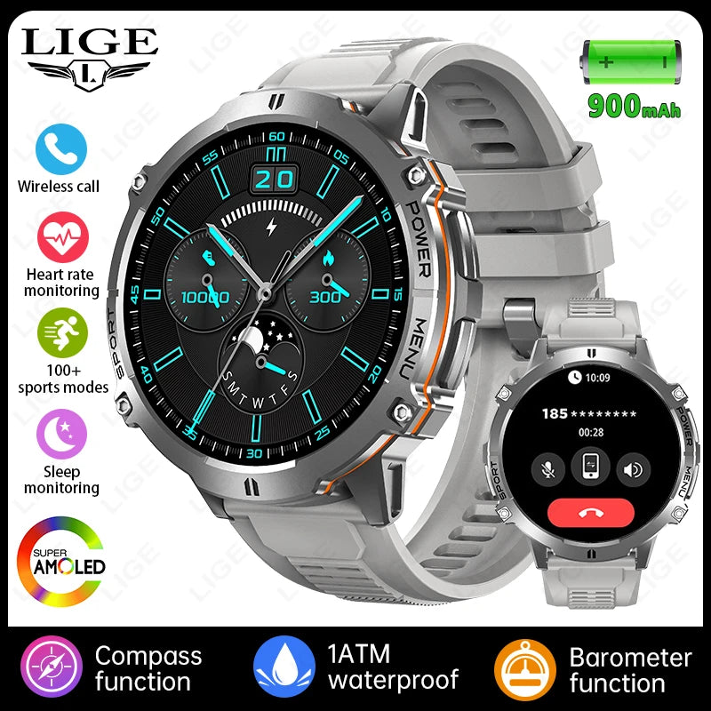 LIGE Orologio Smartwatch Uomo Con Display AMOLED Altimetro Barometro Bussola Batteria 900mAh Ultra Lunga Durata Sportivo