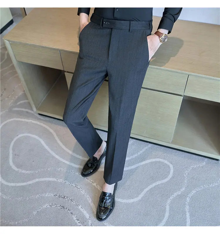 Pantaloni Da Abito Inverno In Lana Spessa Con Vita Elastica Gessati E Tinta Unita Per Uomo