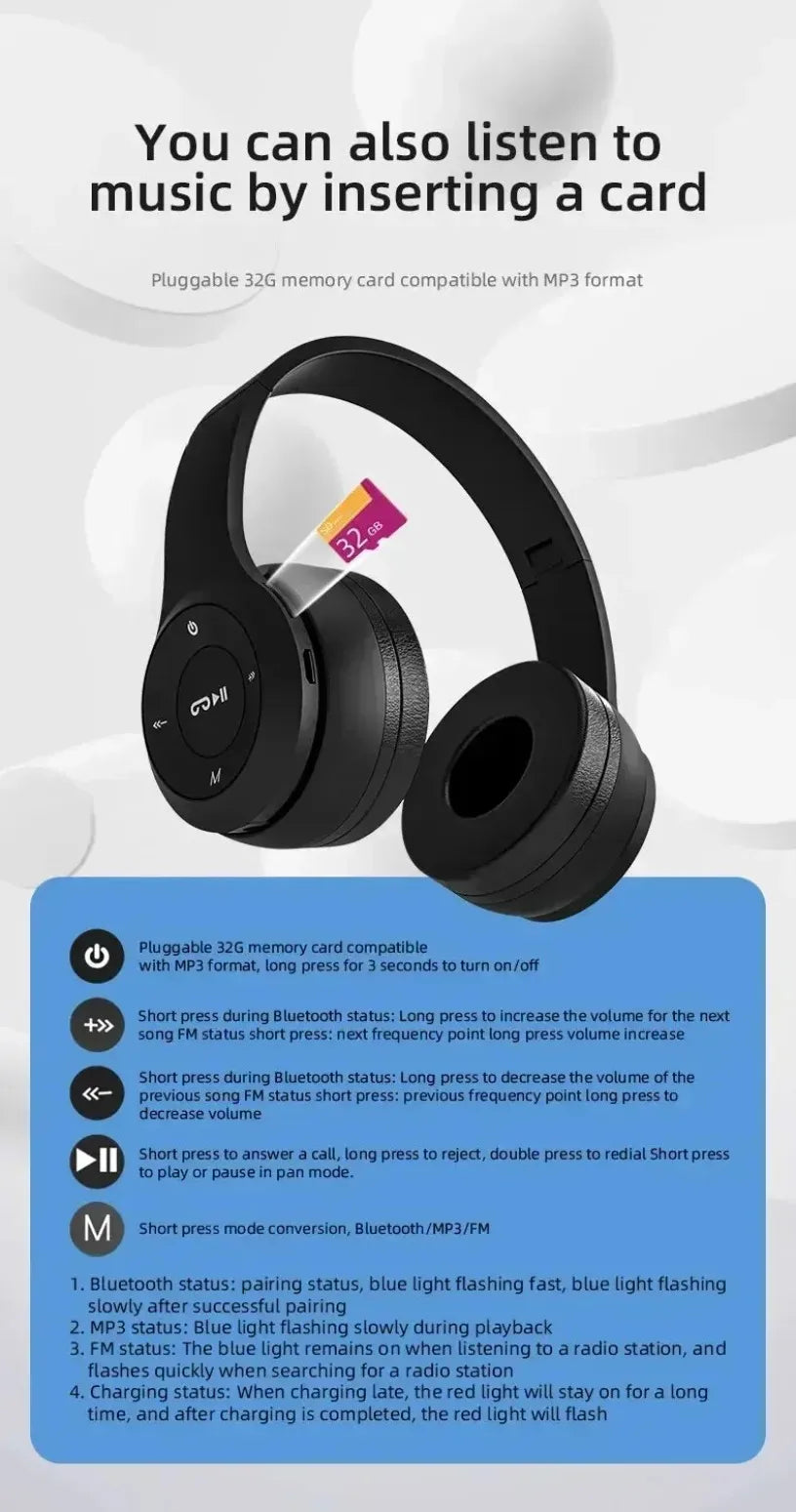 Cuffie Bluetooth P47 Con Microfono Pieghevoli HiFi Bassi Profondi Auricolari Stereo Per Smartphone TV Giochi
