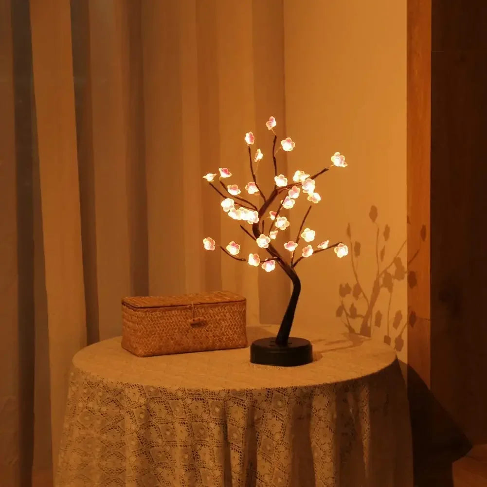Lampada Da Tavolo LED Per Bonsai Artificiale Ciliegio Bianco Caldo Con Interruttore Tattile USB E Batteria