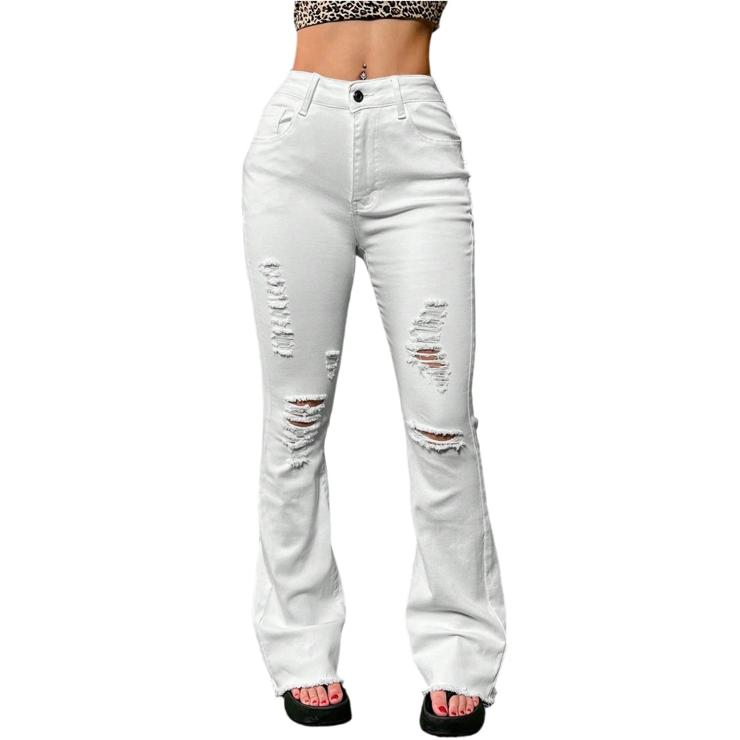 Jeans Da Donna Slim Fit High Waist Strappi Retrò In Denim Tinta Unita Con Tasche