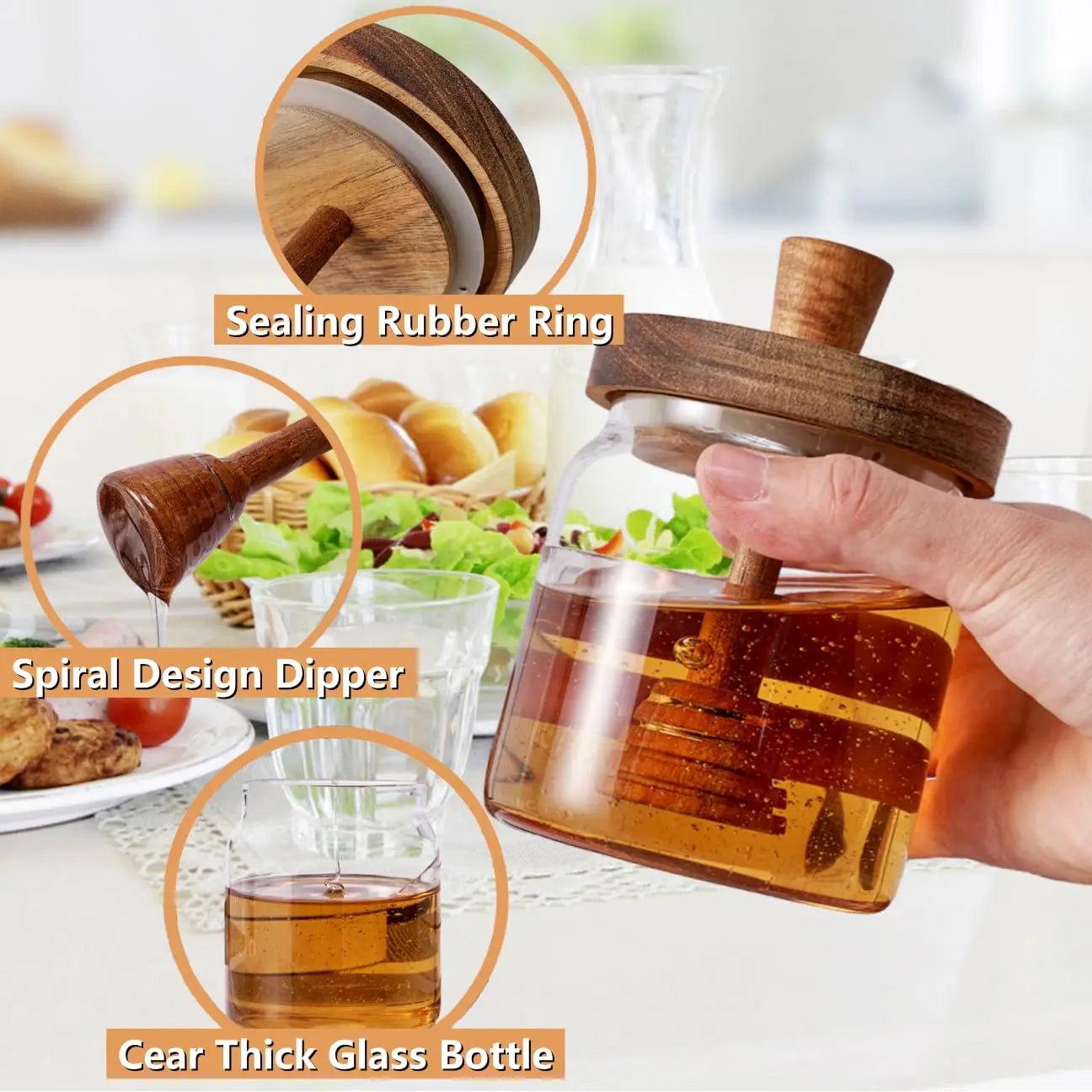 Barattolo Di Miele In Vetro Sigillato Con Bastoncino Per Immersione E Coperchio In Legno Per Cucina Domestica