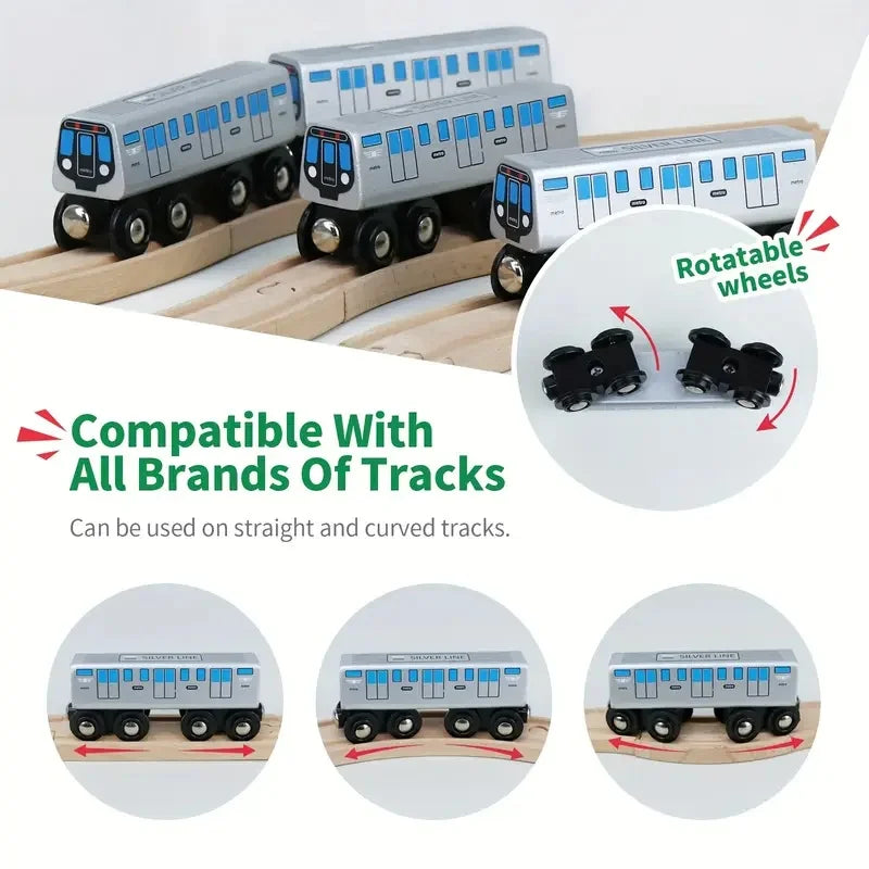 Treno Giocattolo in Legno con Corpo Argentato Esteso Design Otto Ruote Compatibile con Marche di Treni in Legno