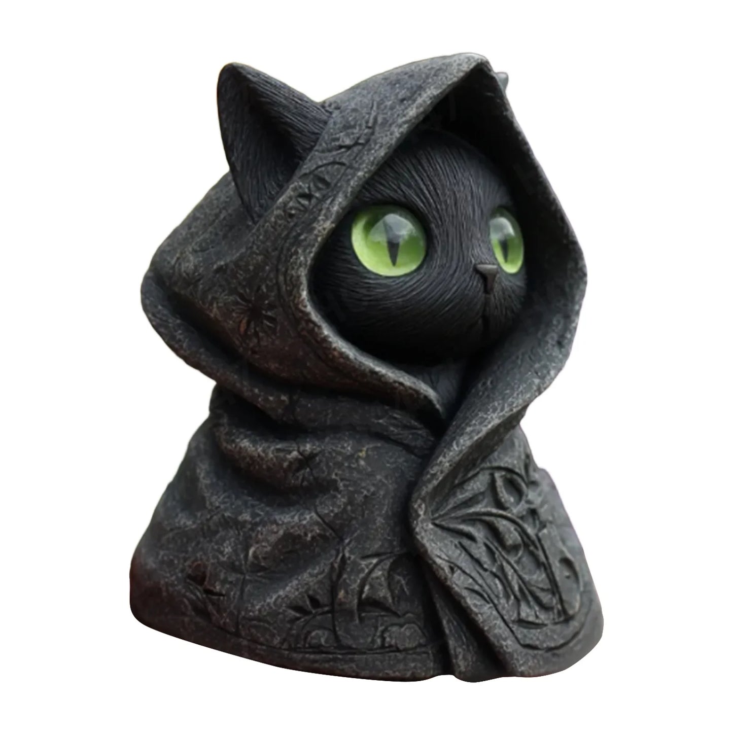 Statuetta Misteriosa Del Gatto Con Cappuccio Nero Gotico In Resina Con Mantello Nero E Occhi Verdi Per Collezione