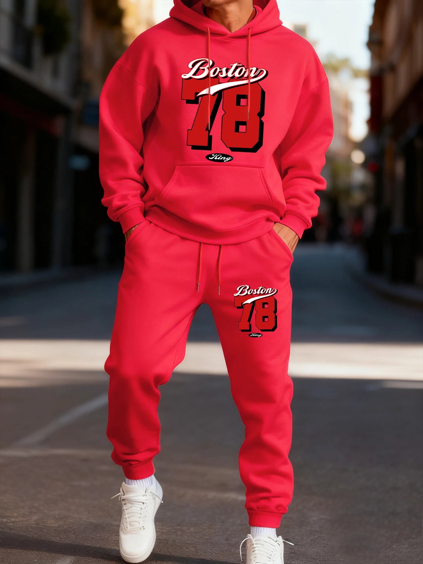 Boston 78 Stampa Felpa Con Cappuccio Da Uomo Due Pezzi Set Autunno Inverno Abbigliamento Sportivo Completo