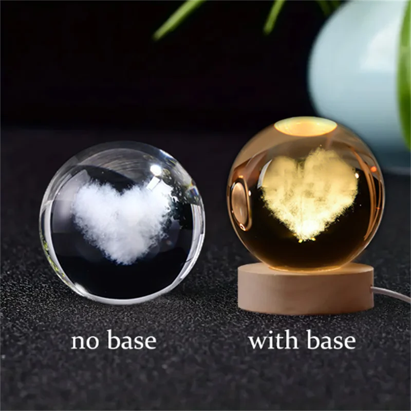 Lampada Notturna Sfera di Cristallo Incisa al Laser Regalo di Compleanno Decorazione da Scrivania con Base USB in Legno