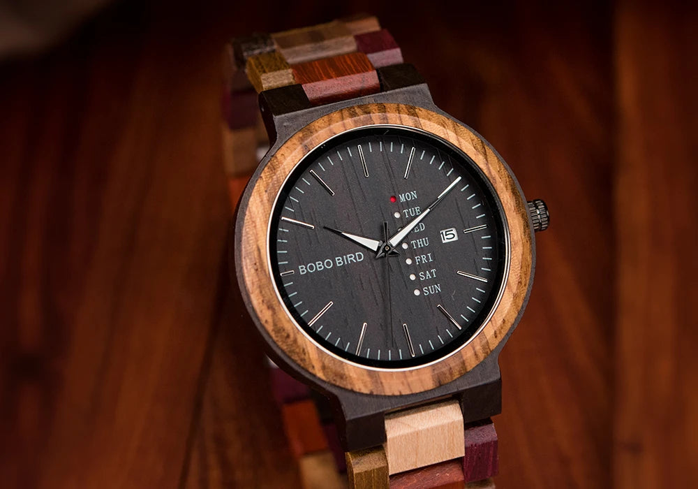 Orologio In Legno Unisex Quarzo Settimana Data Coppia Cinturino Colorato Logo Personalizzato Regalo Dropship
