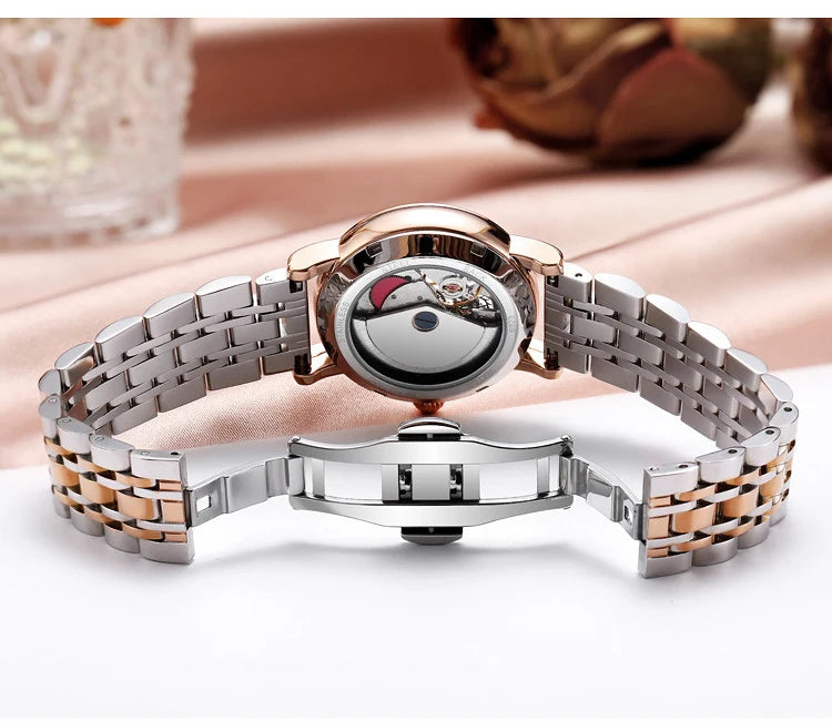 Orologio Da Donna Automatico Impermeabile Con Fasi Lunari E Fiori Girevoli Lusso Di Marca Pregiata