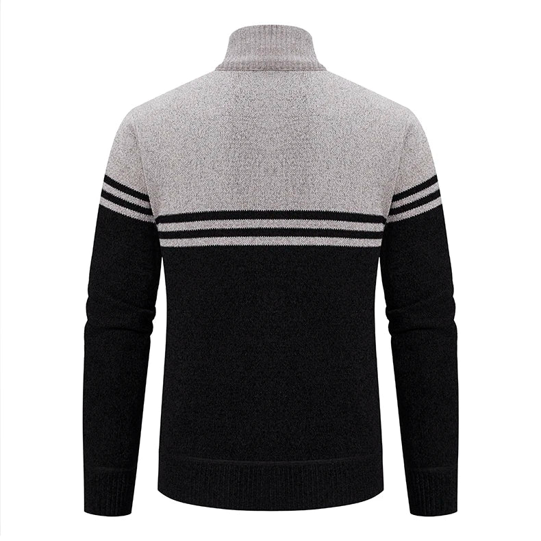 Nuovo Maglione Invernale da Uomo in Pile Spesso con Colletto Coreano e Cerniera Cardigan Casual a Righe