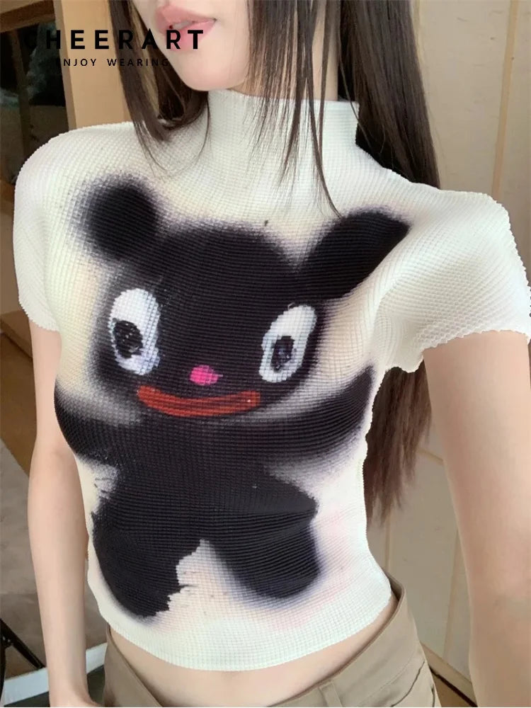 Cheerart Y2K Moda Crop Top Piega Da Donne Estate Manica Corta Kawaii Cartoon T Shirt Abbigliamento