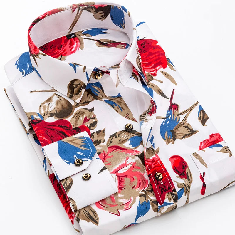 Camicia Da Uomo Maniche Lunghe Stampa Color Block Elasticizzata Con Bottoni Per Vacanze Estive In Spiaggia