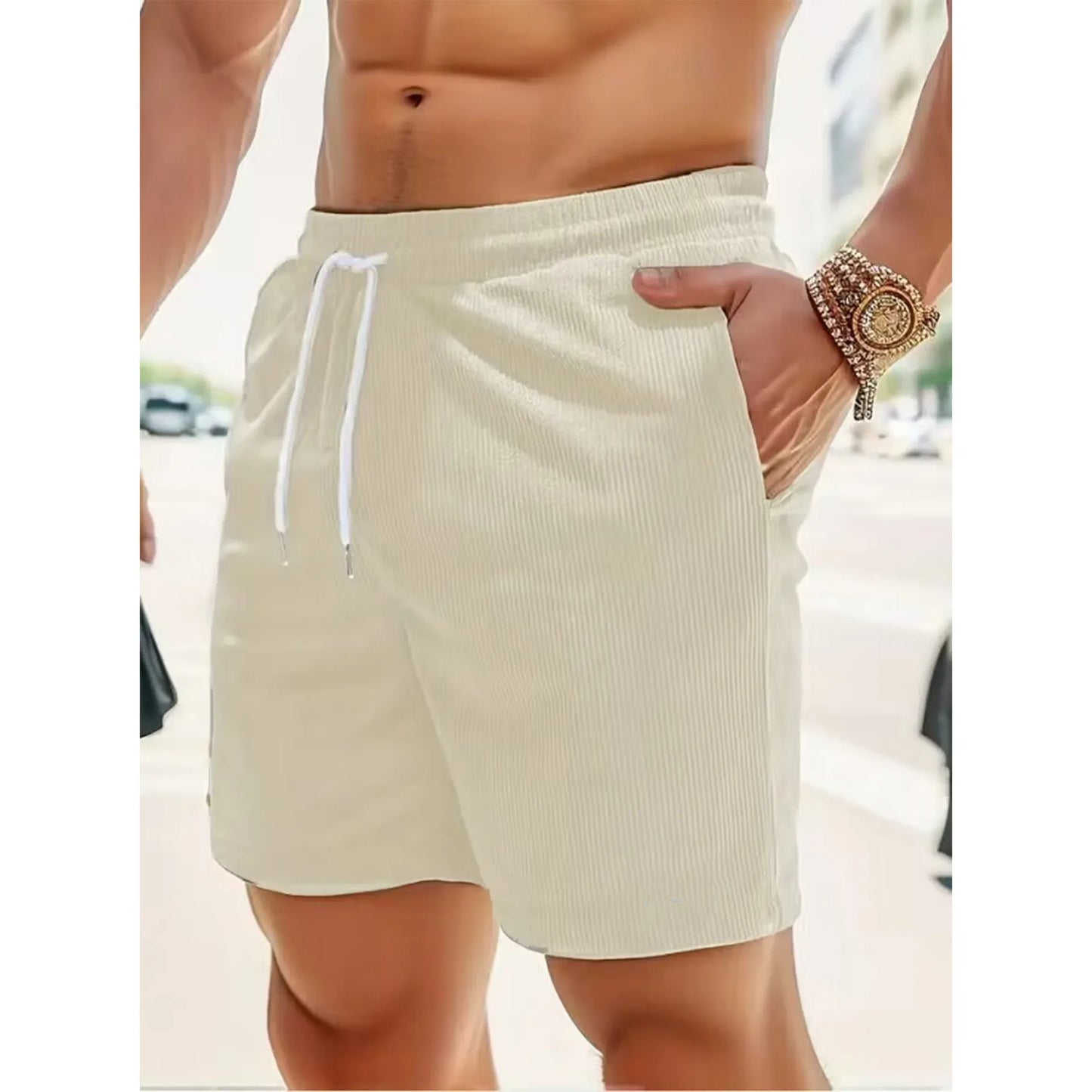 Pantaloncini Estivi Da Uomo In Velluto A Coste Tinta Unita Con Lacci Casual E Semplici