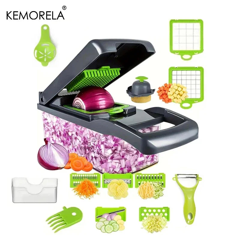 KEMORELA Tritatutto Multifunzionale 14 In 1 Per Verdure E Cipolle Lama Inox Manico Ergonomico Affettatrice Dicer Cucina
