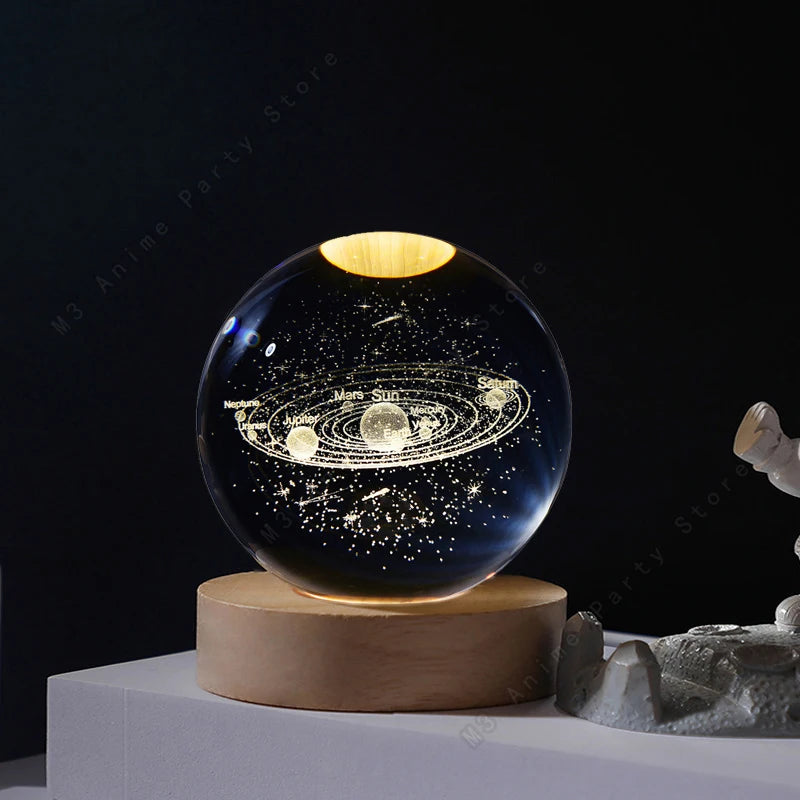 Sfera Di Cristallo 3D Luce Notturna Lampada A LED Per Comodino Galassia Saturno Pianeti Luna 5 Cm Regalo Per Bambini