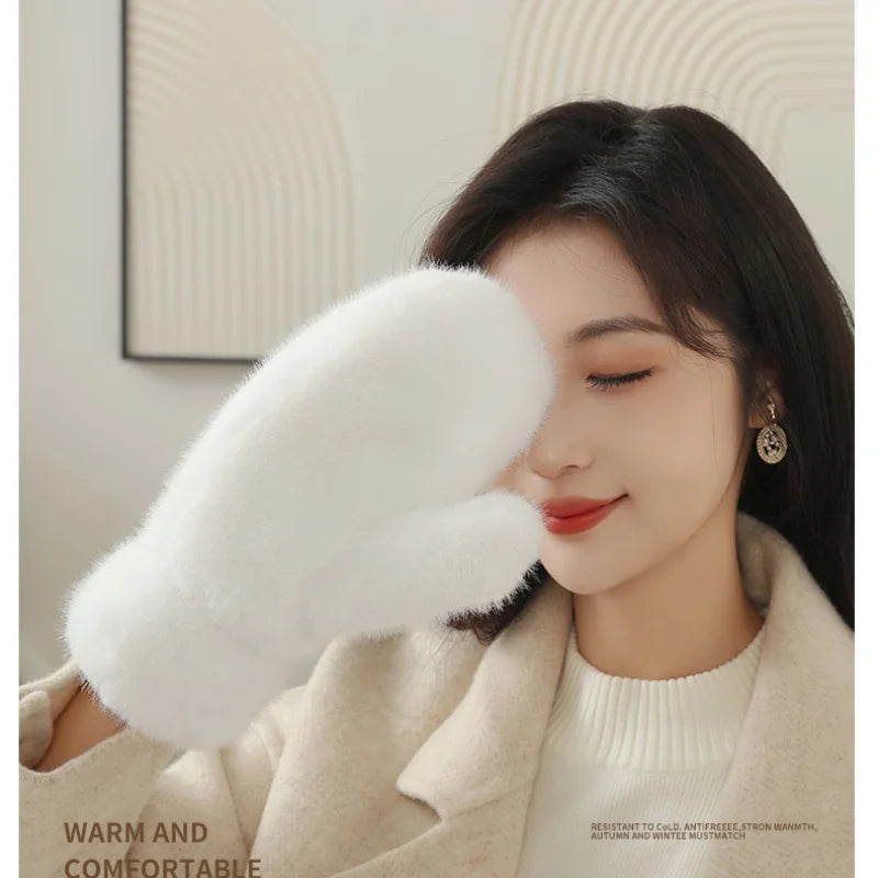 Guanti In Pelliccia Imitazione Coniglio Donna Invernali Antivento Caldi Peluche Spessi Morbidi Con Cashmere Dita Intere