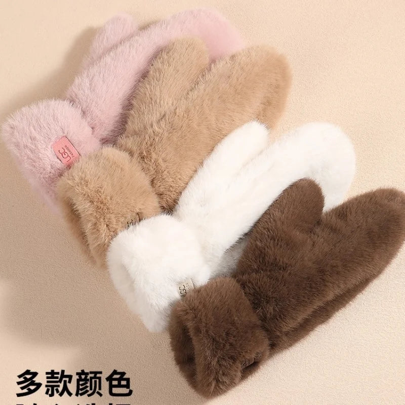 Guanti In Pelliccia Imitazione Coniglio Donna Invernali Antivento Caldi Peluche Spessi Morbidi Con Cashmere Dita Intere