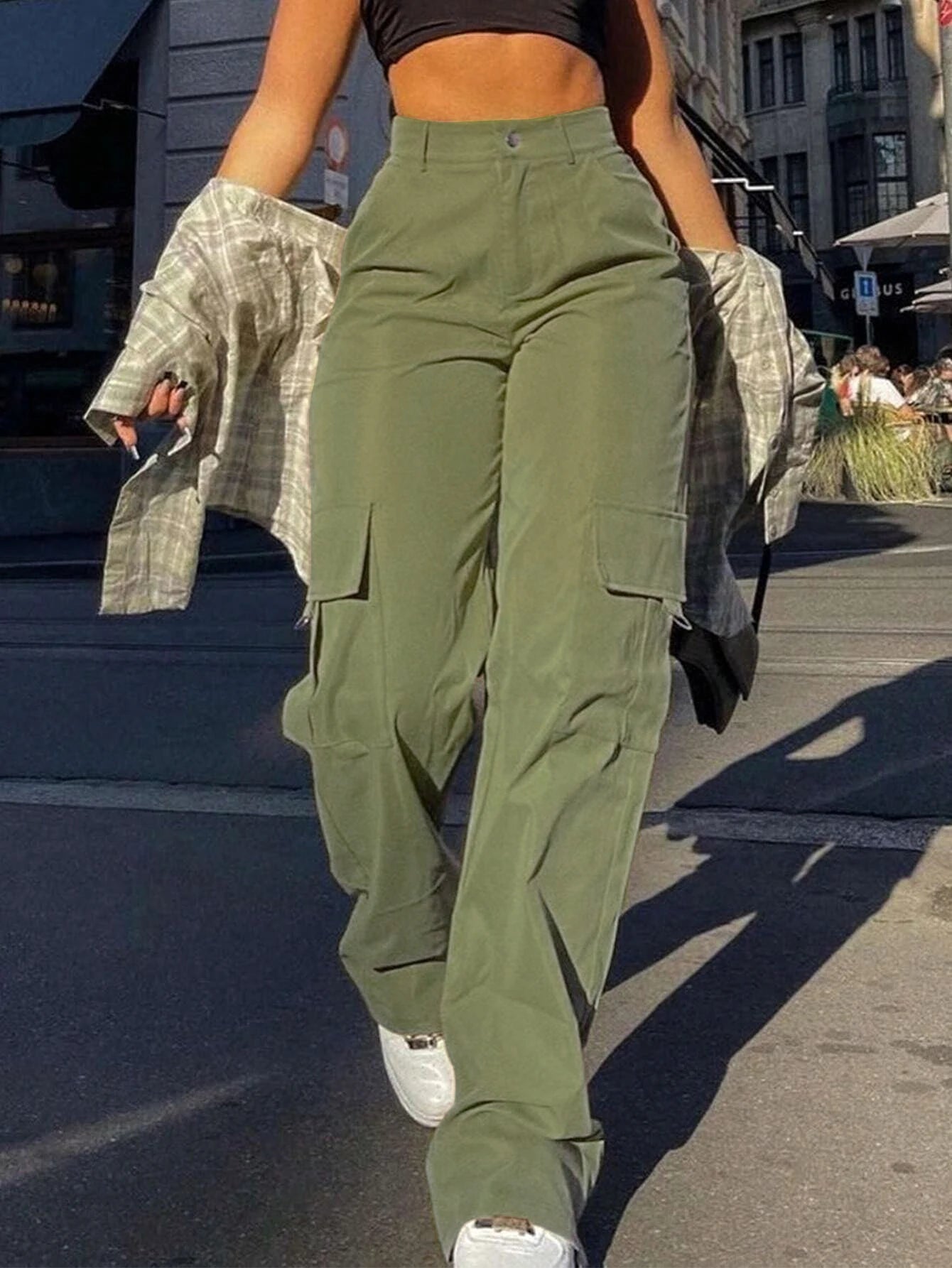 Pantaloni Cargo Da Donna Vita Alta Tinta Unita Con Bottoni E Tasche Casual Da Strada Per Tutte Le Stagioni