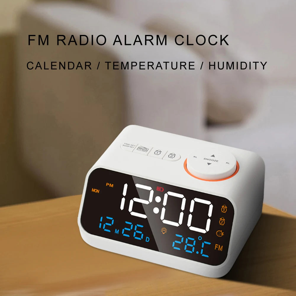Sveglia LED Moderna Con Radio FM Per Comodino Calendario Digitale Da Tavolo Con Termometro Umidità E Igrometro