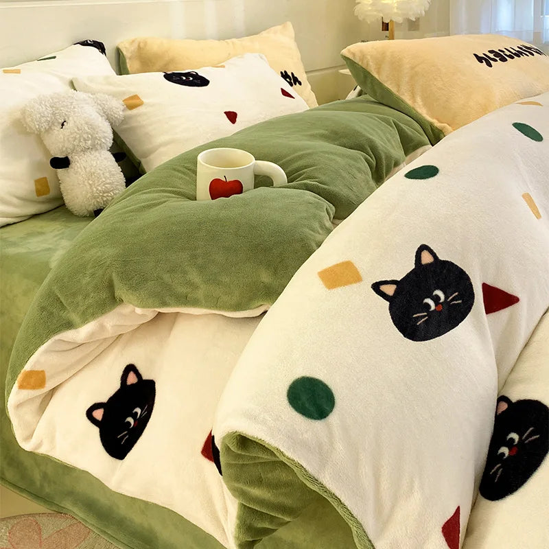 Set Biancheria Da Letto 4 Pezzi In Pile Latte Stampato Invernale Duvet Copripiumino Stile Semplice Accogliente GSM 130
